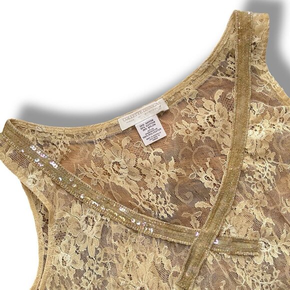 Y2k Vintage Collette Dinnigan Womens Top Sz Large Cream Sheer Lace Sequin Beaded - Picture 4 of 5